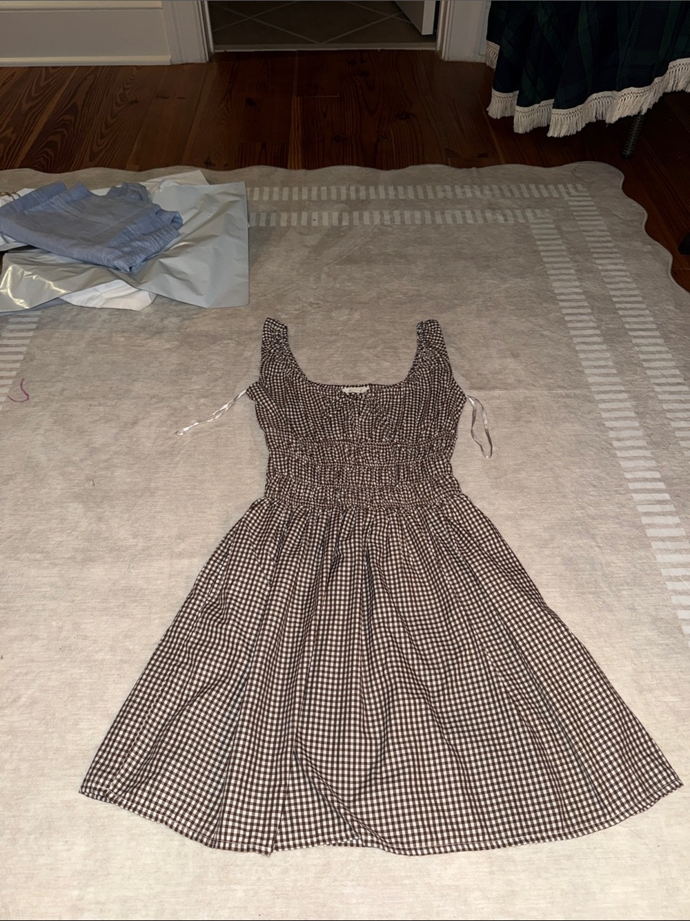 Smocked Gingham Midi Dress - Black & White